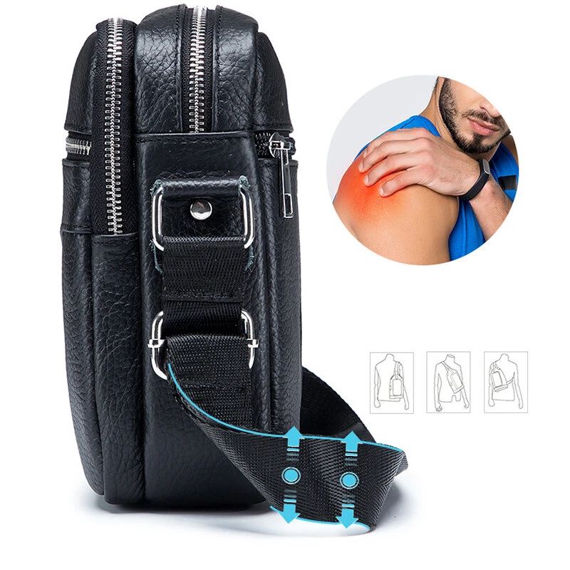 (image for) BULLCAPTAI Genuine Leather Men's Shoulder Bag Cowhide Messenger Bags Fashion Male Causal Small Double Zipper Crossbody Bag Short-distance Compact Mini Travel Bag