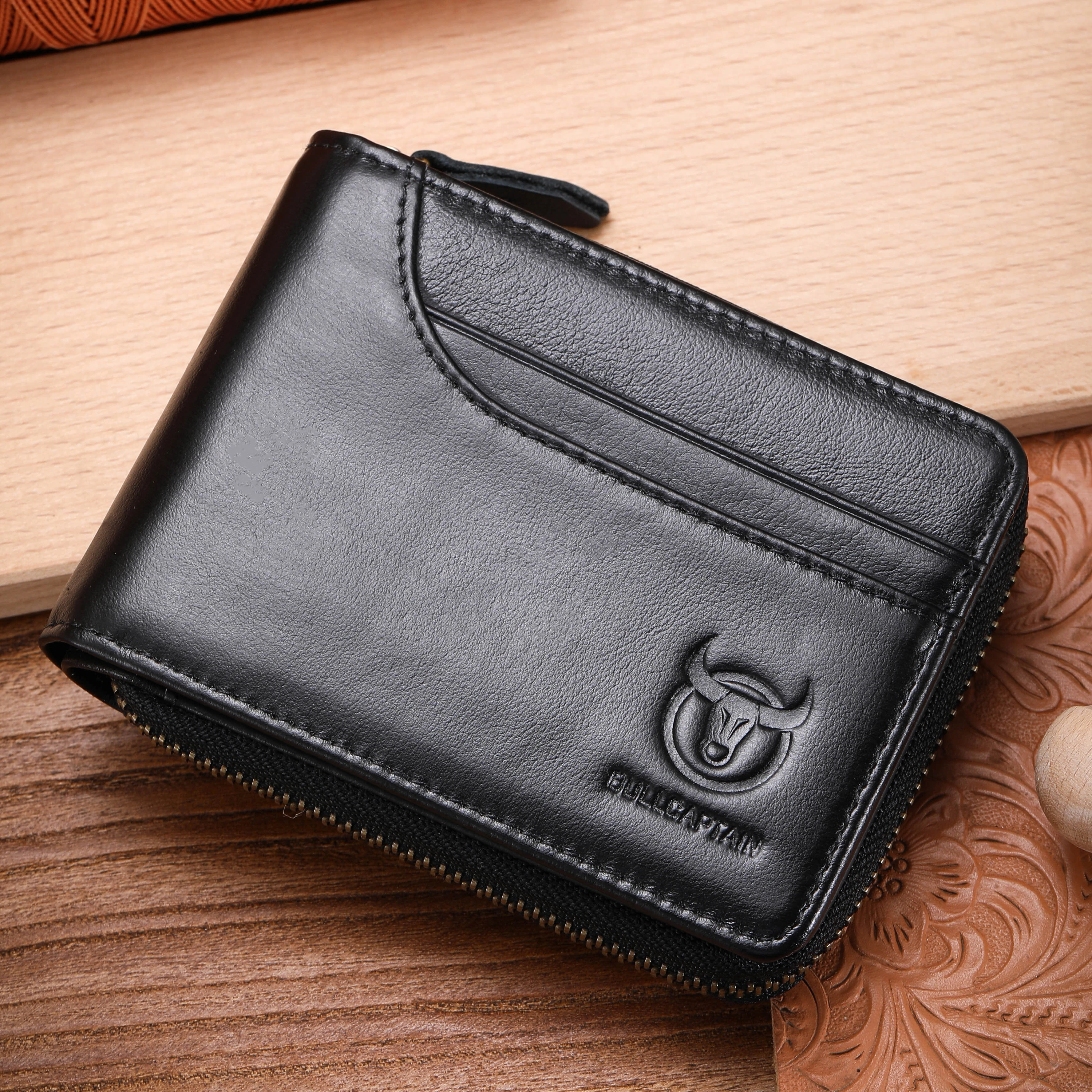 (image for) BULLCAPTAIN Men Short Wallet RFID Blocking Card Holder Cowhide Coin Purse Retro Genuine Leather Clutch Zipper Male Money Bags